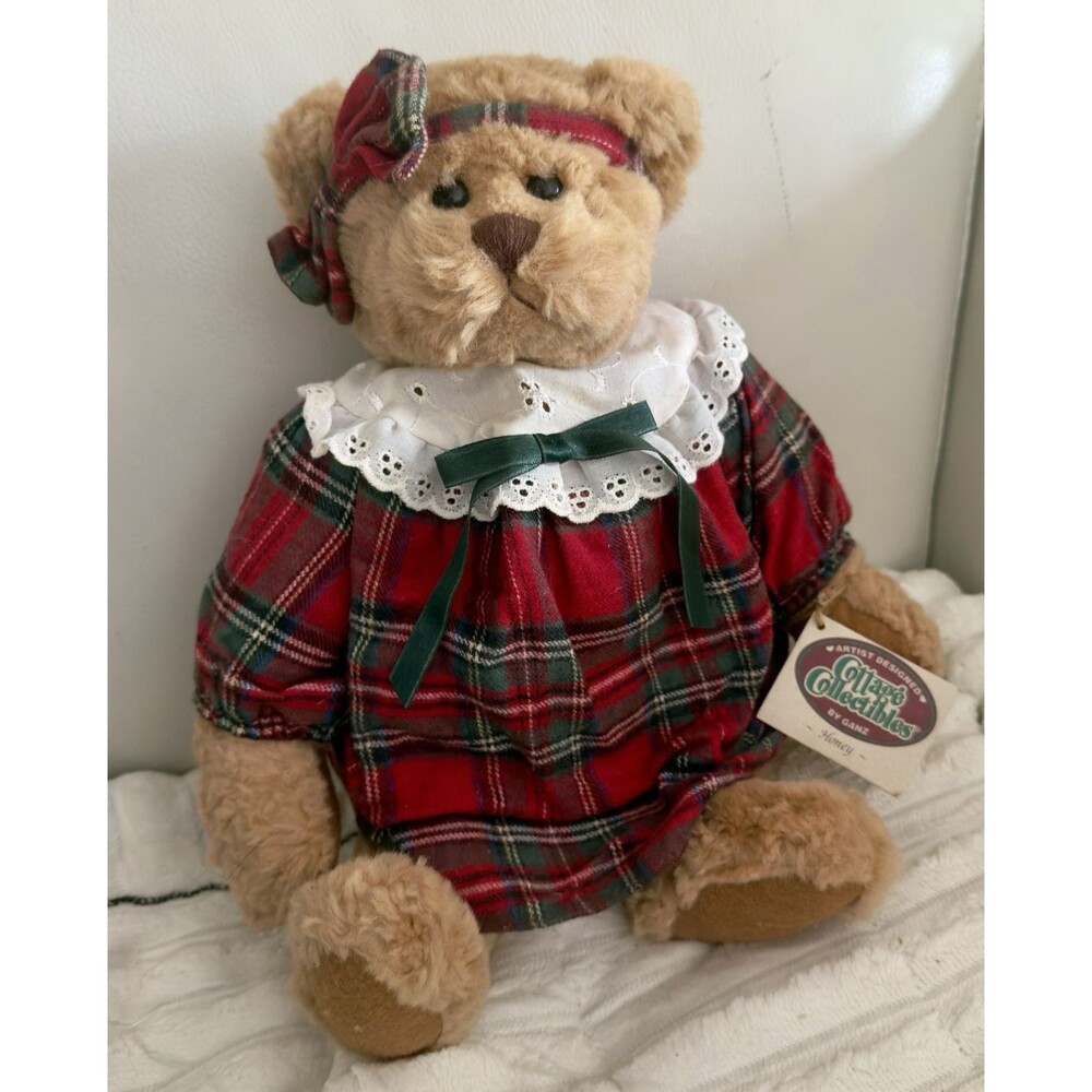 Vintage Ganz Honey Teddy Bear CC170 Cottage Collectibles Red Plaid Dress 12"